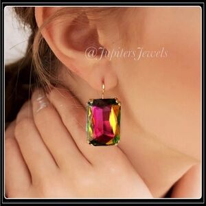 GOLD MEGA EMERALD CUT SIMULATED RAINBOW CRYSTAL PRISM CUSHION EARRINGS
